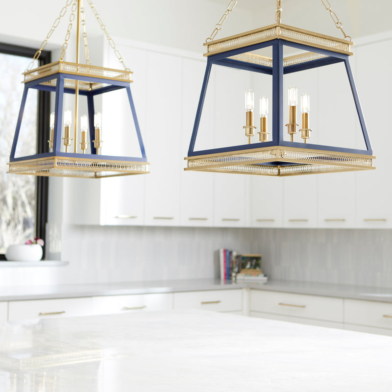 Quorum Home Cyan - 10904 - Four Light Pendant - Blue And Aged Brass