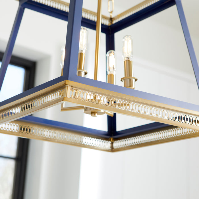 Quorum Home Cyan - 10904 - Four Light Pendant - Blue And Aged Brass